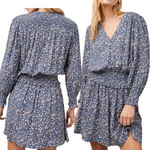 Rails Zana Dress XS Blue Ditsy Floral Mini Pullover V-Neck Smocked Lined